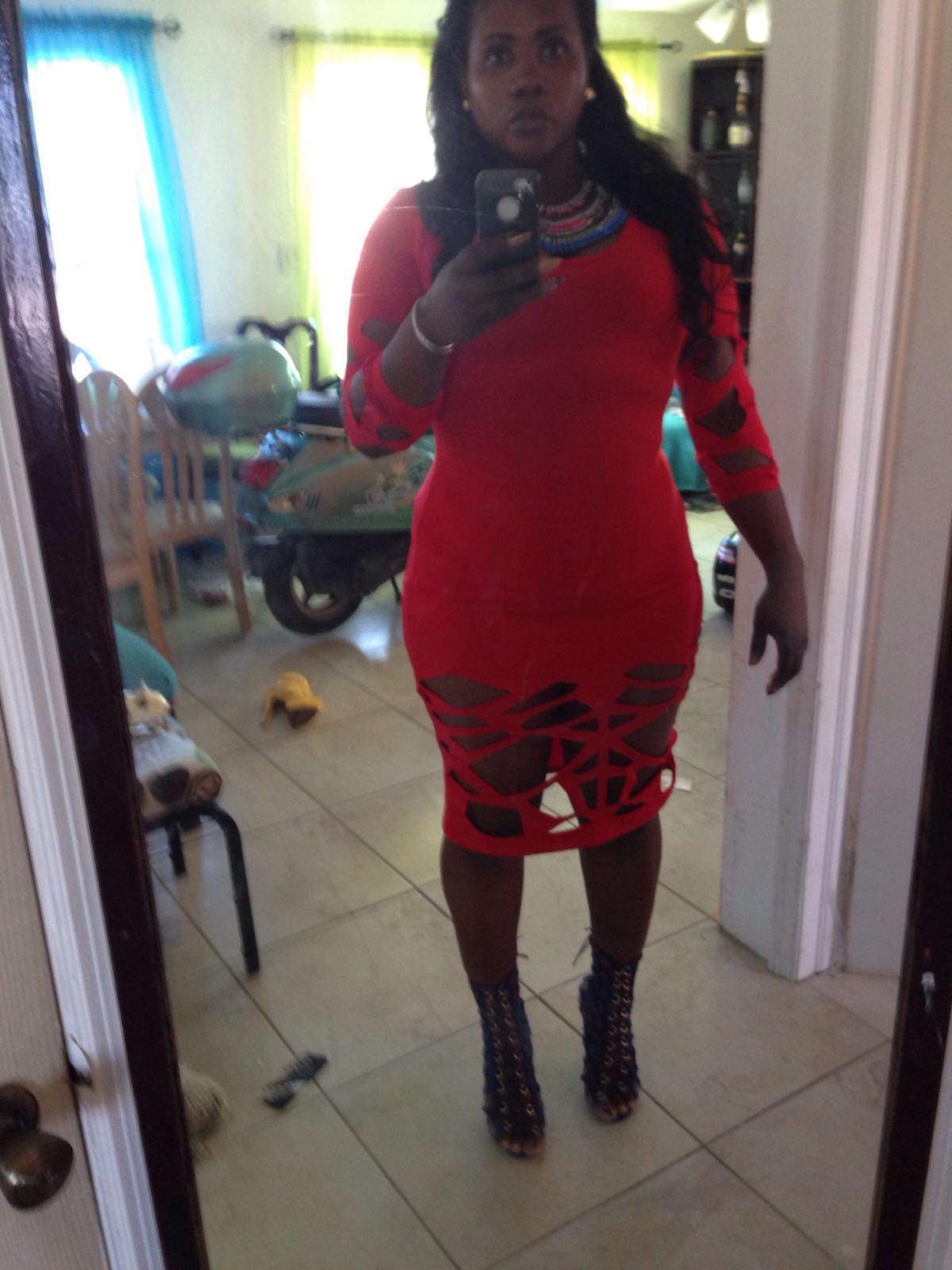 Red Long Sleeve Knee Length Dress