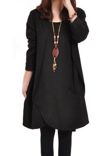 Black Long Sleeve Asymmetric Hem Dress
