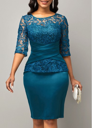 Image of Solid Lace Patchwork 3/4 Sleeve Round Neck Dress