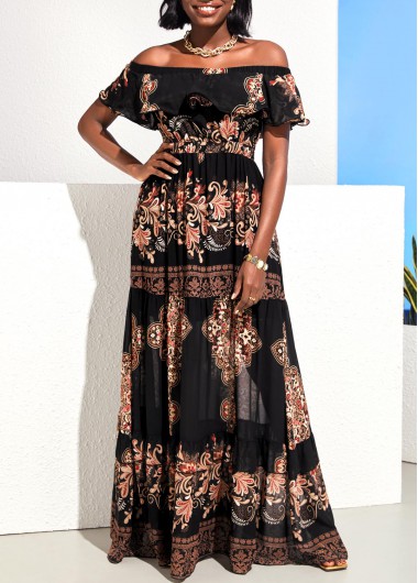 Image of Black Off Shoulder Flounce Tribal Print Maxi Dress