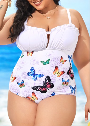 White Plus Size Butterfly Print One Piece Swimwear