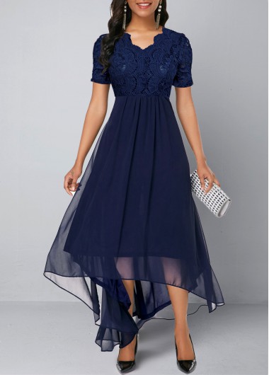 Image of Chiffon Lace Stitching Asymmetric Hem Navy Blue Dress