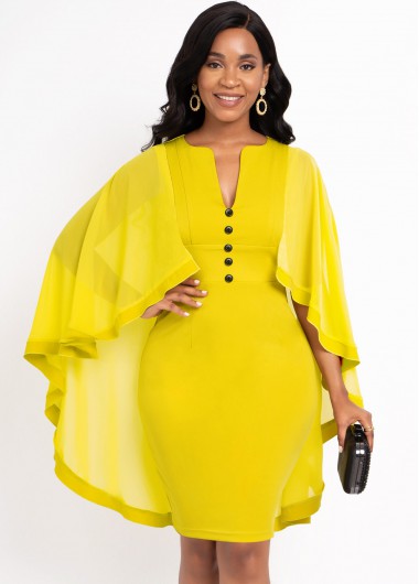 Image of Decorative Button Mesh Stitching Yellow Cape Sleeve Dress