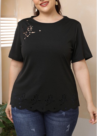 Black Floral Cutout Plus Size T Shirt
