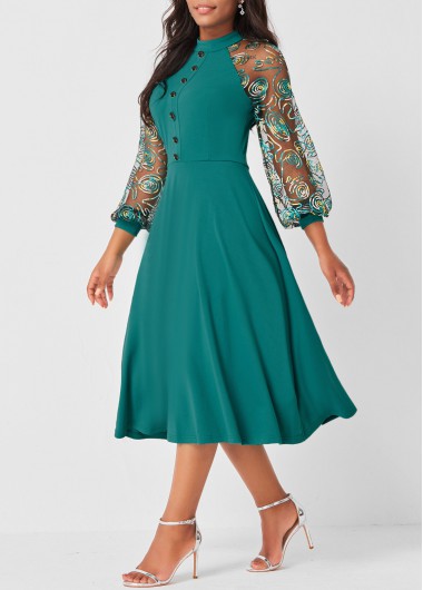 Image of Green Sheer Mesh Decorative Button Dress