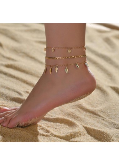 Leaf Pendant Metal Detail Gold Anklet Set