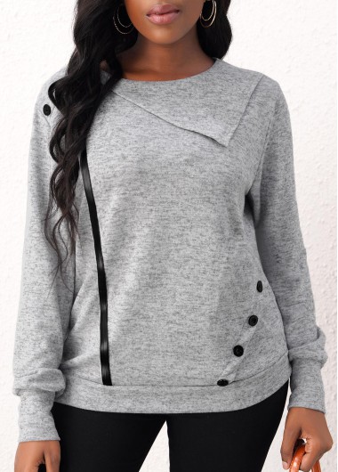 Long Sleeve Decorative Button Grey Sweatshirt
