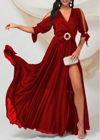 Image of Bowknot Red Split Cold Shoulder V Neck Dress