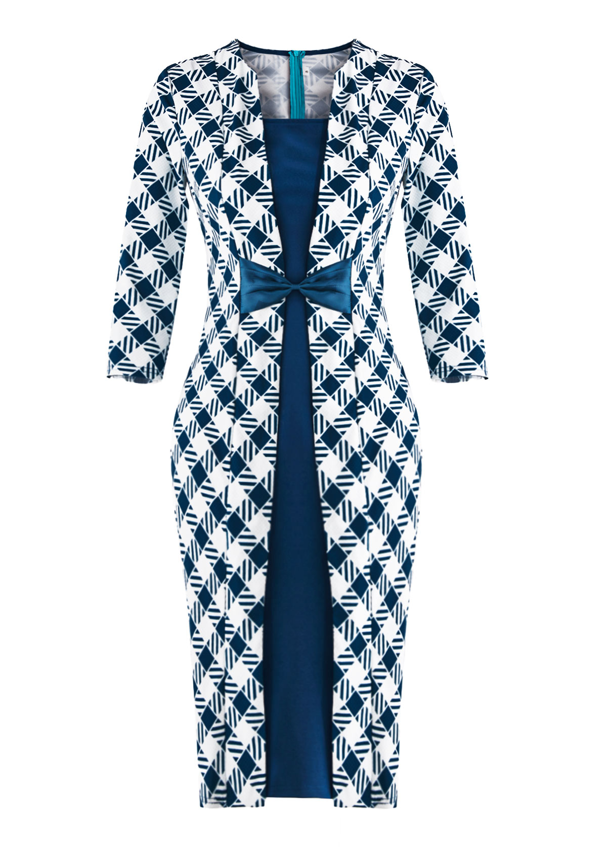 Plaid Patchwork Blue Three Quarter Length Sleeve Dress