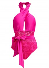 Lace Stitching Rose Red Cross Halter One Piece Swimwear