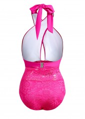Lace Stitching Rose Red Cross Halter One Piece Swimwear