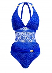 Royal Blue Halter Sheer Lace One Piece Swimwear