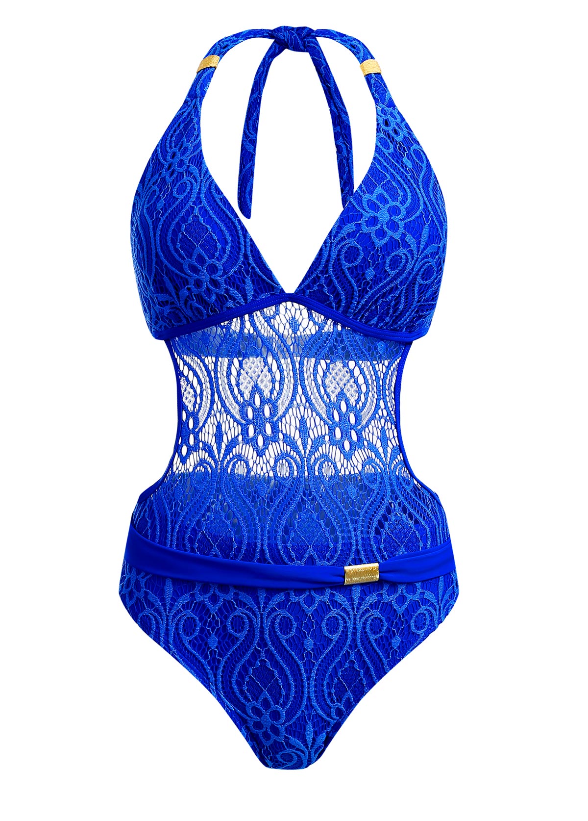 Royal Blue Halter Sheer Lace One Piece Swimwear