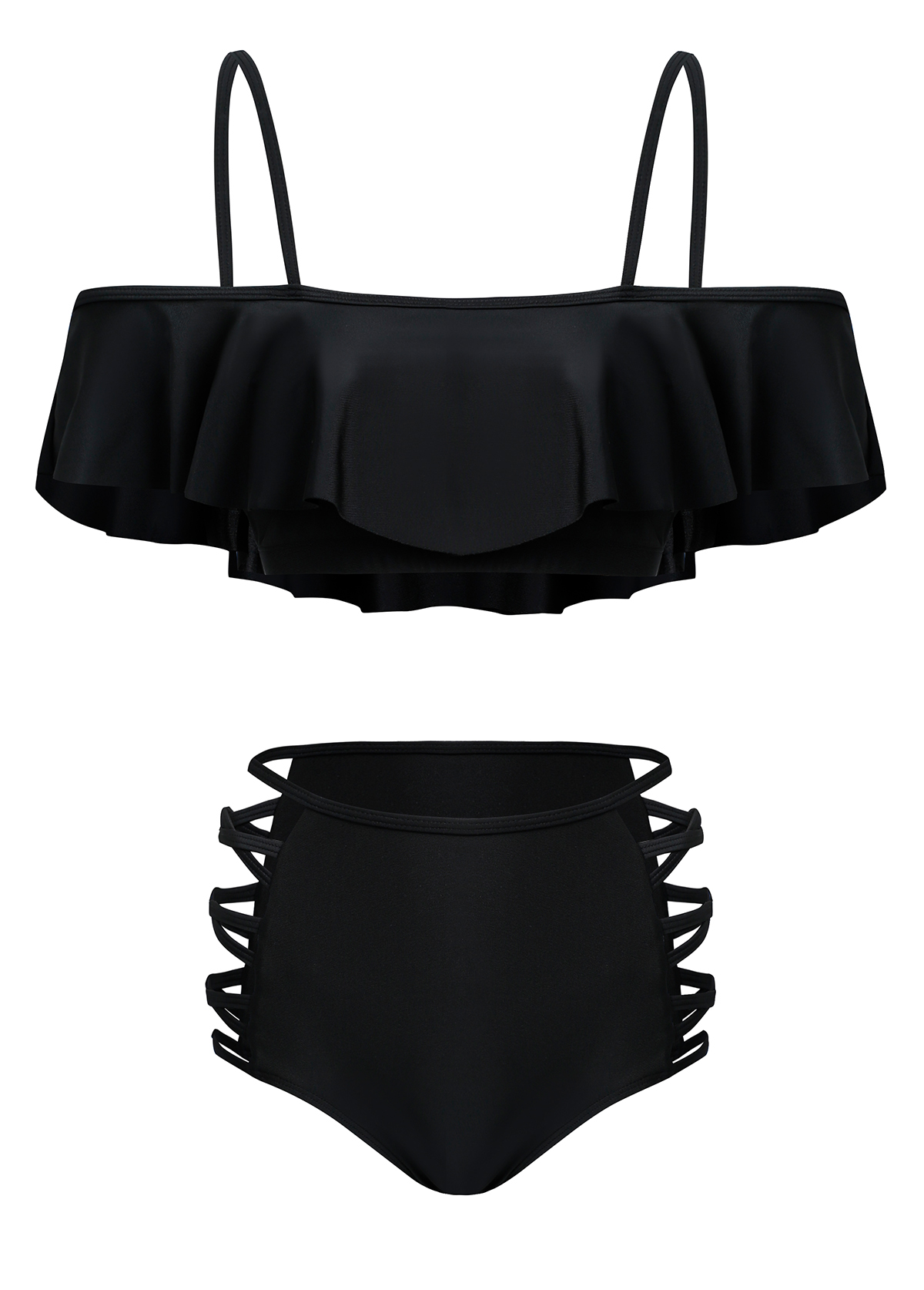 Black Flounce Lace Up Mid Waist Bikini Set