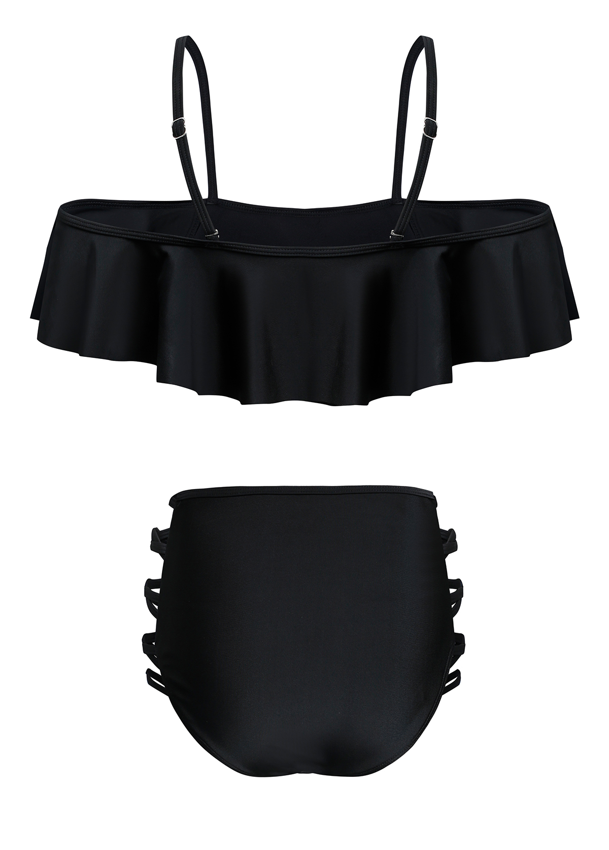 Black Flounce Lace Up Mid Waist Bikini Set