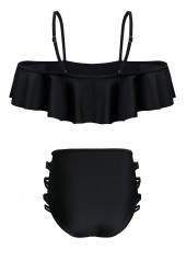 Black Flounce Lace Up Mid Waist Bikini Set