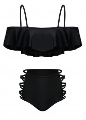 Black Flounce Lace Up Mid Waist Bikini Set