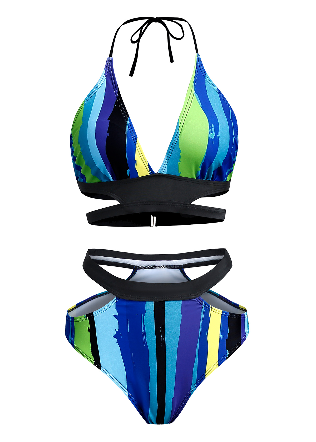 Halter Striped Mid Waist Bikini Set