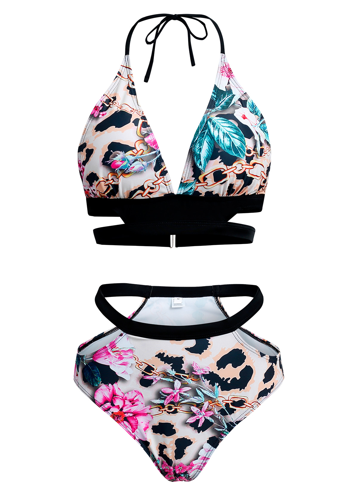 Halter Leopard Floral Print Bikini Set