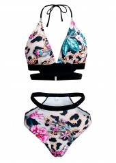 Halter Leopard Floral Print Bikini Set