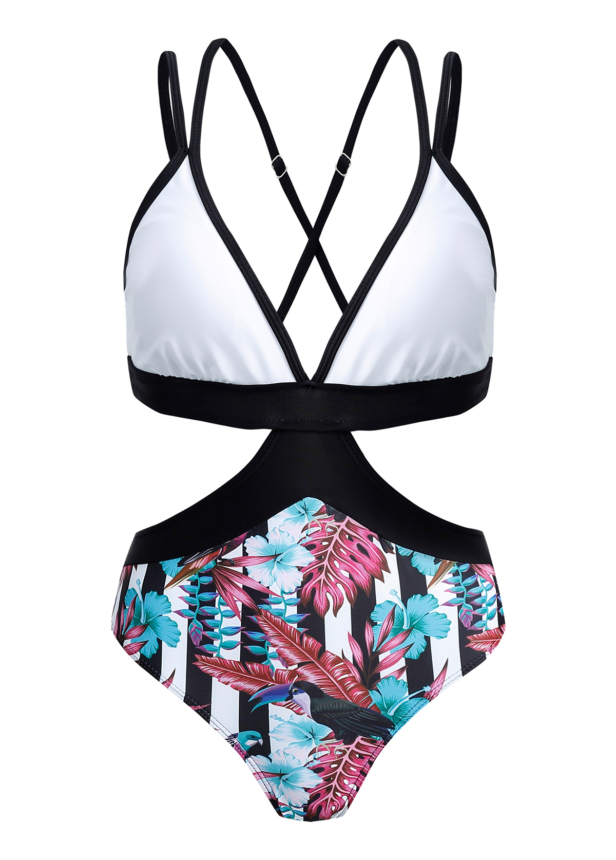 Contrast Floral Print Cross Strap One Piece Swimwear