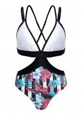 Contrast Floral Print Cross Strap One Piece Swimwear