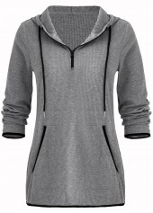 Pocket Zipper Grey Long Sleeve Hoodie