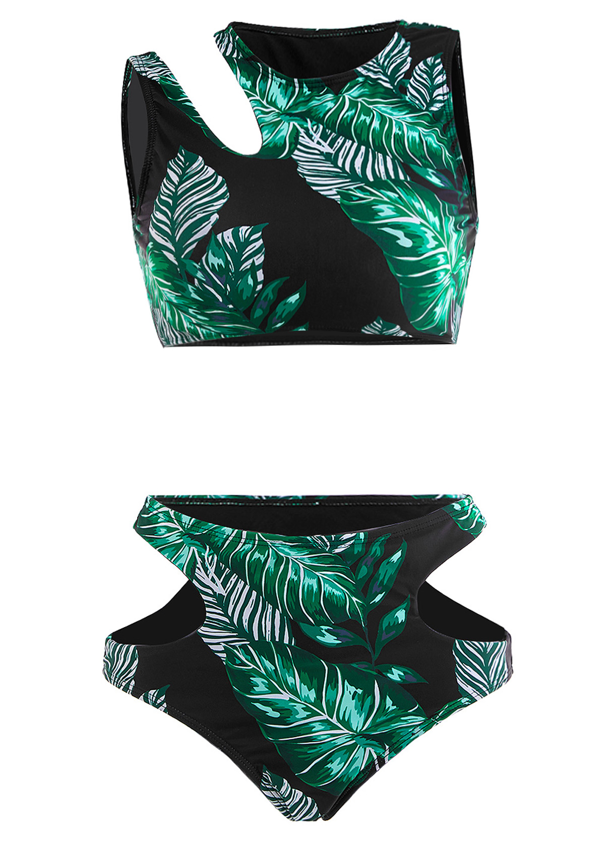 Mid Waisted Leaf Print Cut Out Black Bikini Set