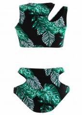 Mid Waisted Leaf Print Cut Out Black Bikini Set
