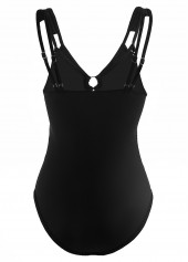 Metal Ring Detail Lace Patchwork Black One Piece Swimwear