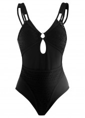 Metal Ring Detail Lace Patchwork Black One Piece Swimwear