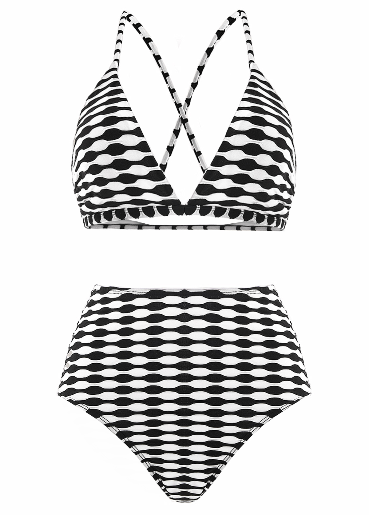 High Waisted Geometric Print Three-piece Black Bikini Set