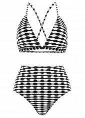 High Waisted Geometric Print Three-piece Black Bikini Set