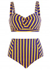High Waist Cross Front Cutout Striped Bikini Set
