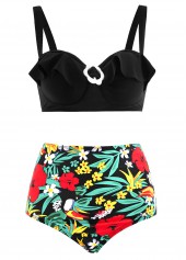 Flounce Floral Print High Waist Decorative Ring Bikini Set