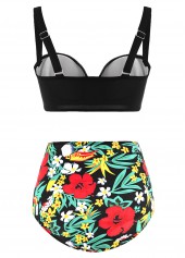 Flounce Floral Print High Waist Decorative Ring Bikini Set