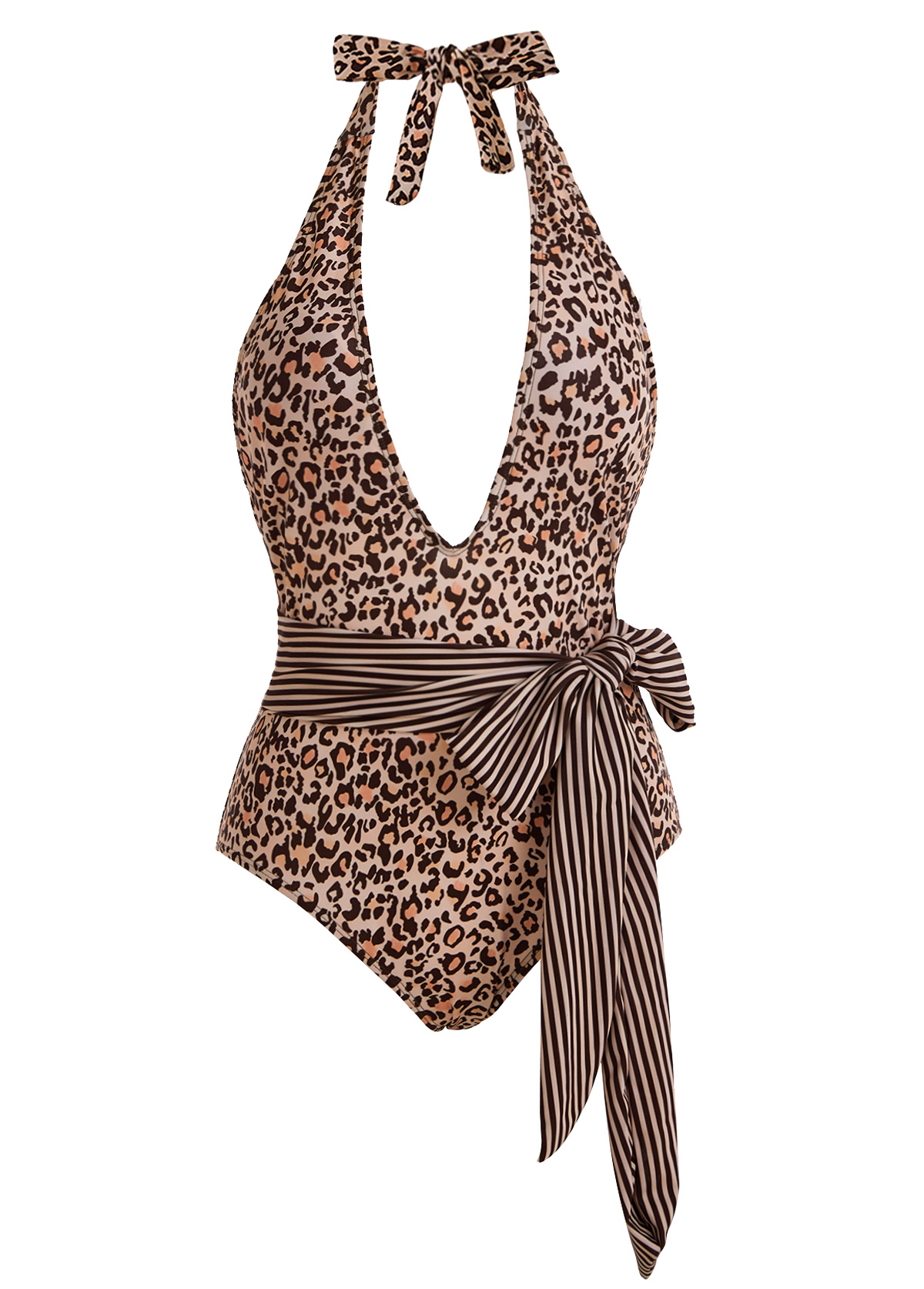 Belted Leopard Print Halter One Piece Swimwear