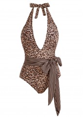 Belted Leopard Print Halter One Piece Swimwear