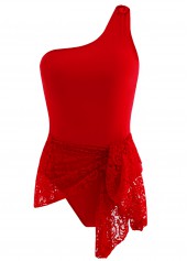 Lace Stitching Tie Front One Piece Swimdress