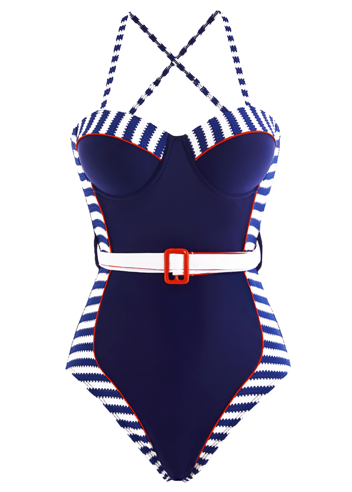 Decorative Belt Navy Blue Striped One Piece Swimwear