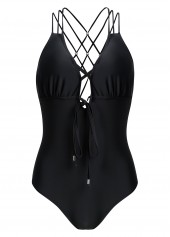 Tie Front Criss Cross Black One Piece Swimwear | Rosewe.com - USD $31.98