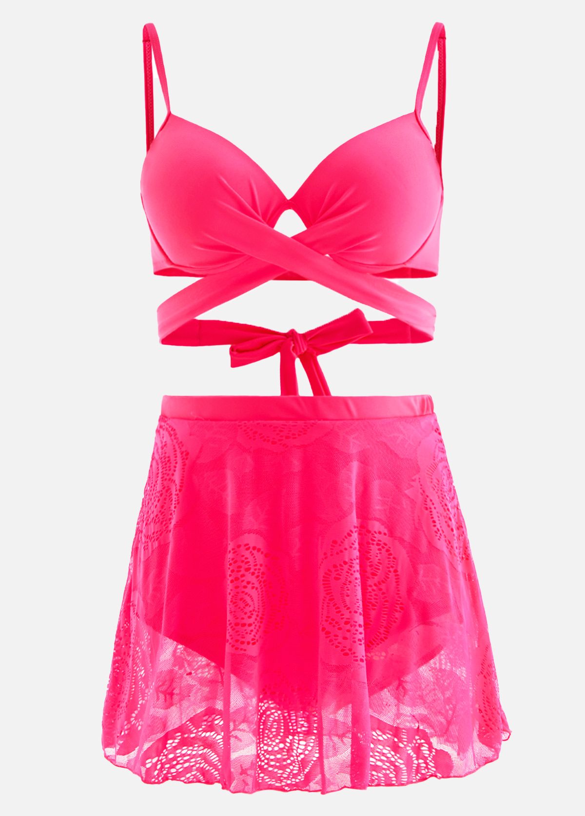 Lace Stitching Hot Pink High Waist Bikini Set
