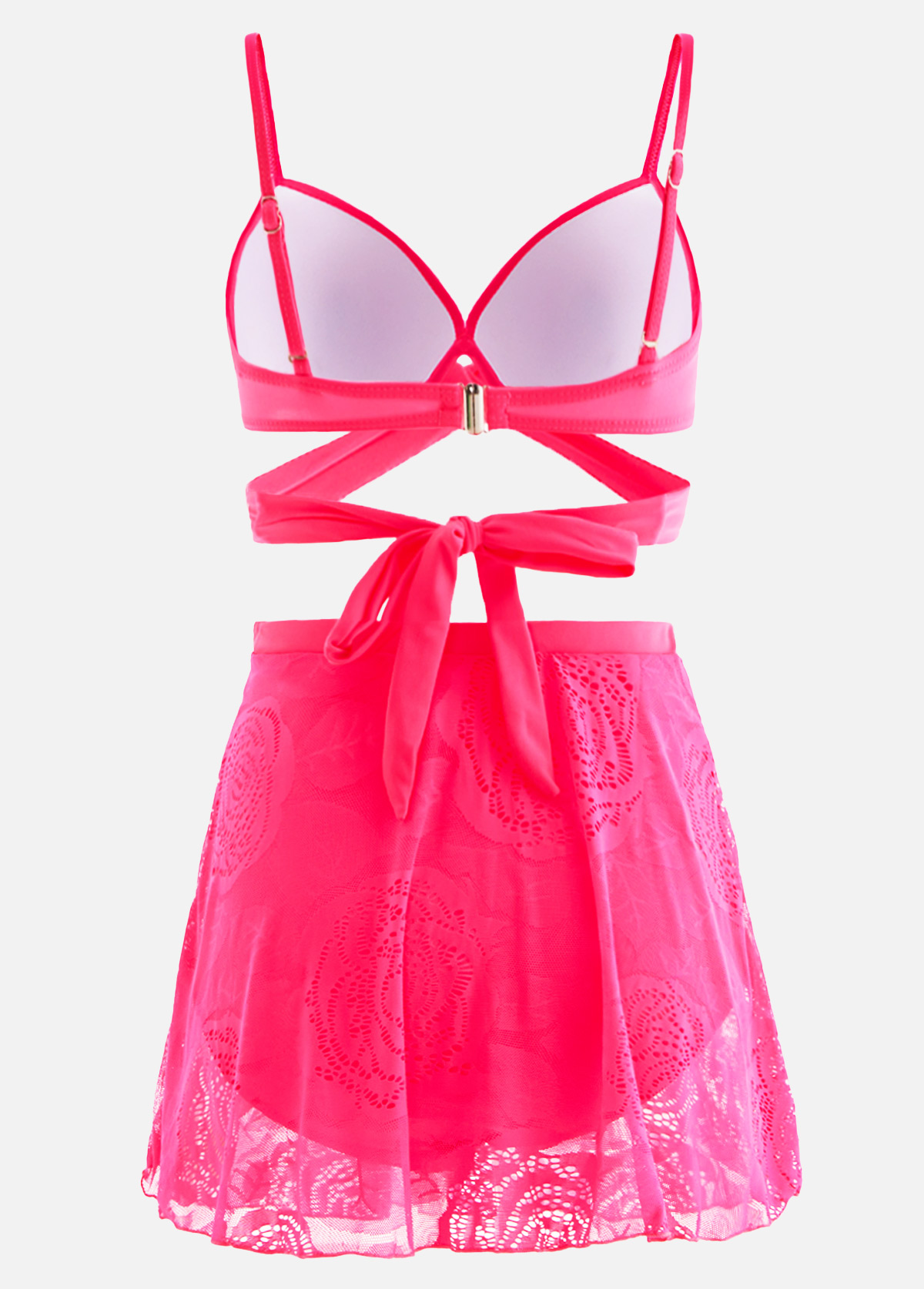 Lace Stitching Hot Pink High Waist Bikini Set