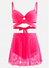 Lace Stitching Hot Pink High Waist Bikini Set