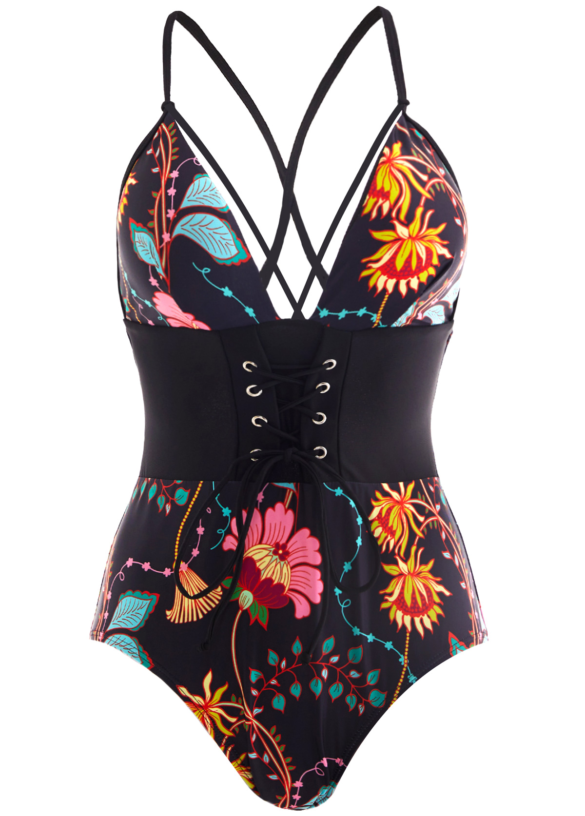 Lace Up Front Tie Back Floral Print One Piece Swimwear