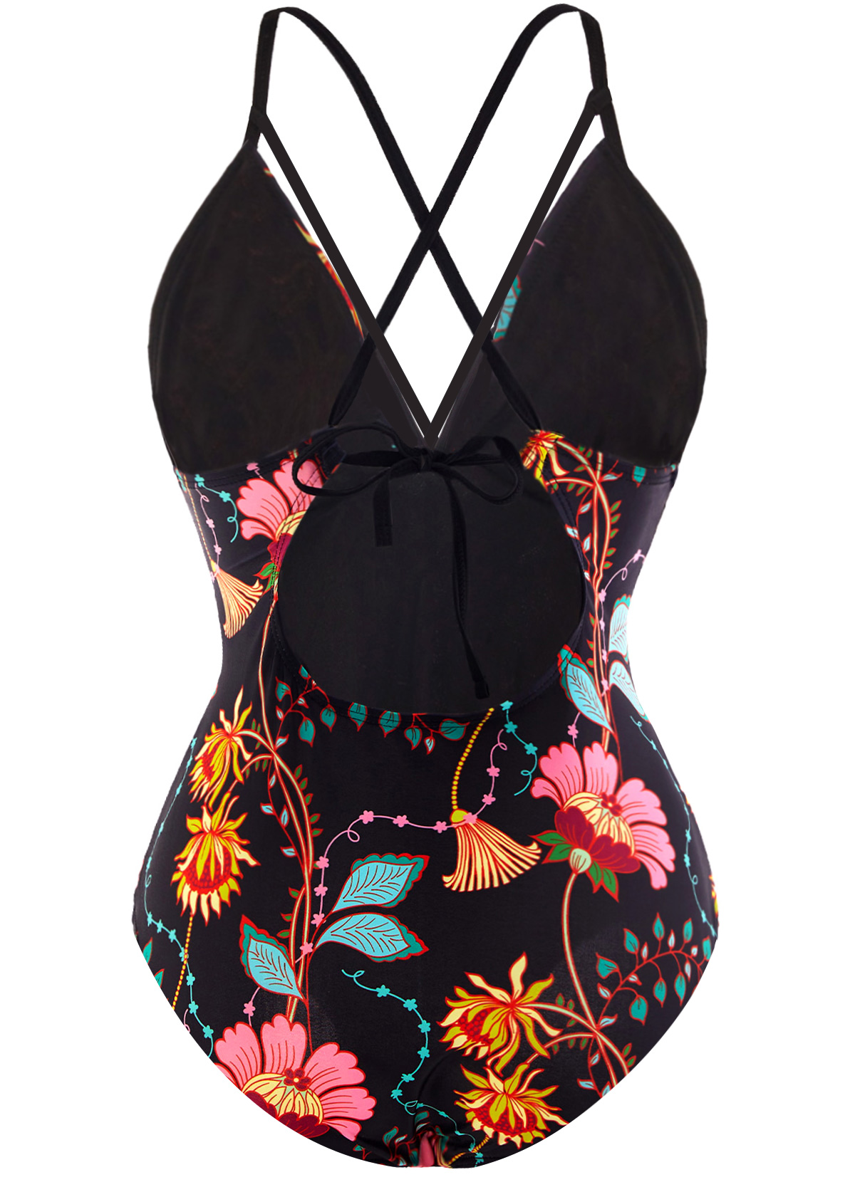 Lace Up Front Tie Back Floral Print One Piece Swimwear