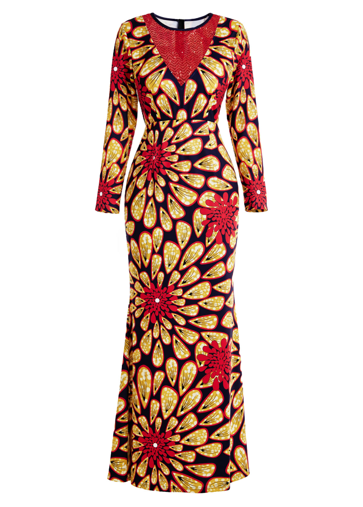 Floral Print Patchwork Red Long Sleeve Dress