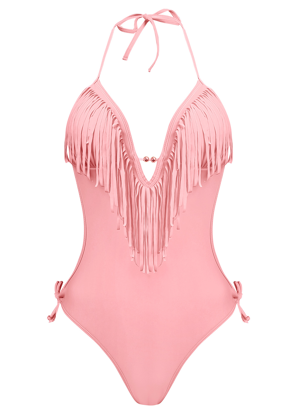 Light Pink Tassel Embellished Halter One Piece Swimwear