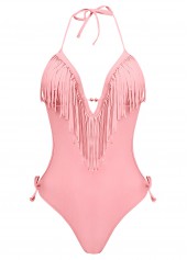 Light Pink Tassel Embellished Halter One Piece Swimwear