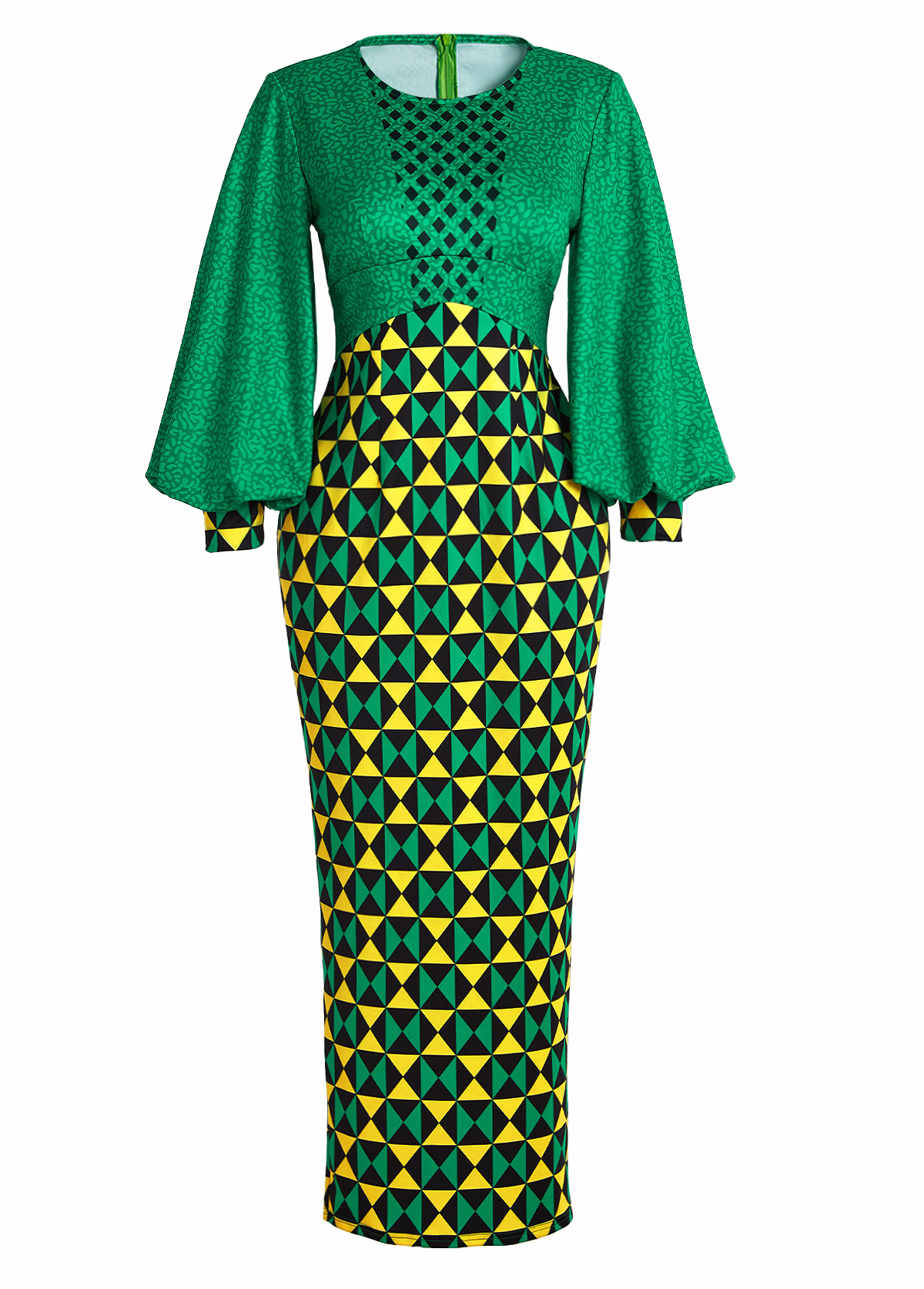 Geometric Print Patchwork Green Maxi Bodycon Dress